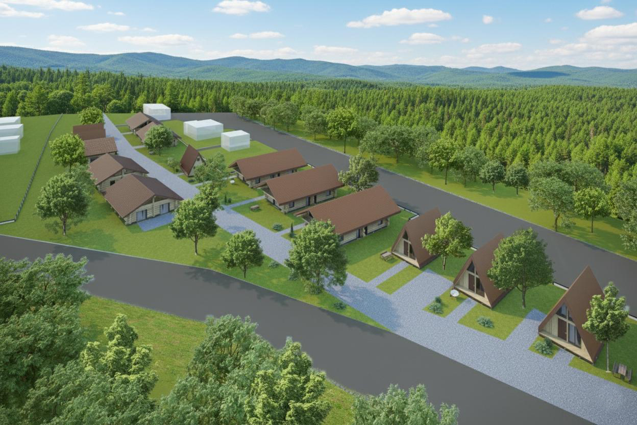 Ferienhaus-Park Ökobauweise – Ansicht mit Blockhäusern und A-Frame-Häusern